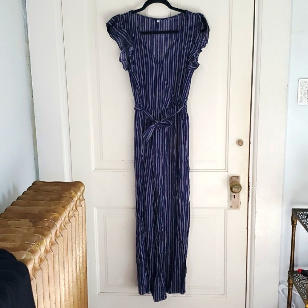 Blue and White Striped Jumpsuit.